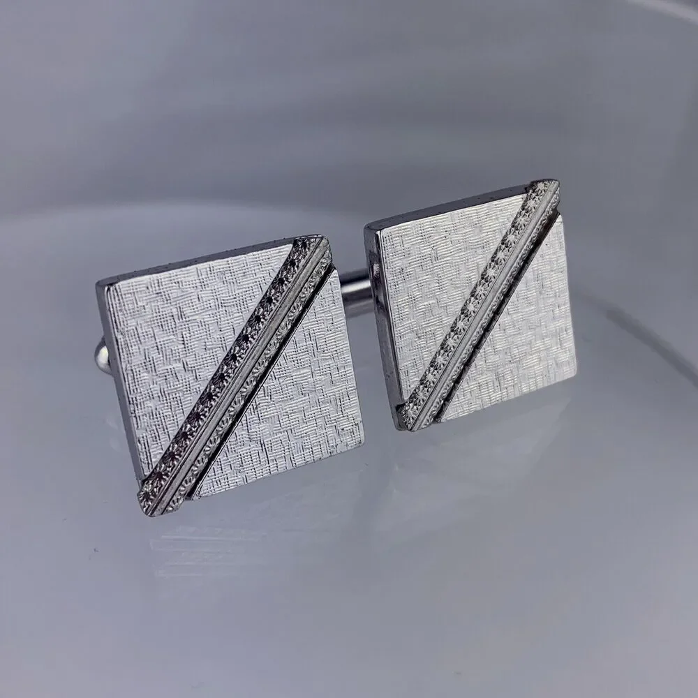 Simple Modern Silver Tone Cufflinks Brushed Metal Stripe Formal Vintage